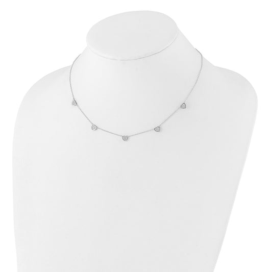 Sterling Silver RH-plated w/Micro Pave CZ Hearts 16in w/2in ext Necklace QG6551-16