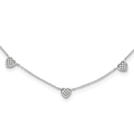 Sterling Silver RH-plated w/Micro Pave CZ Hearts 16in w/2in ext Necklace QG6551-16