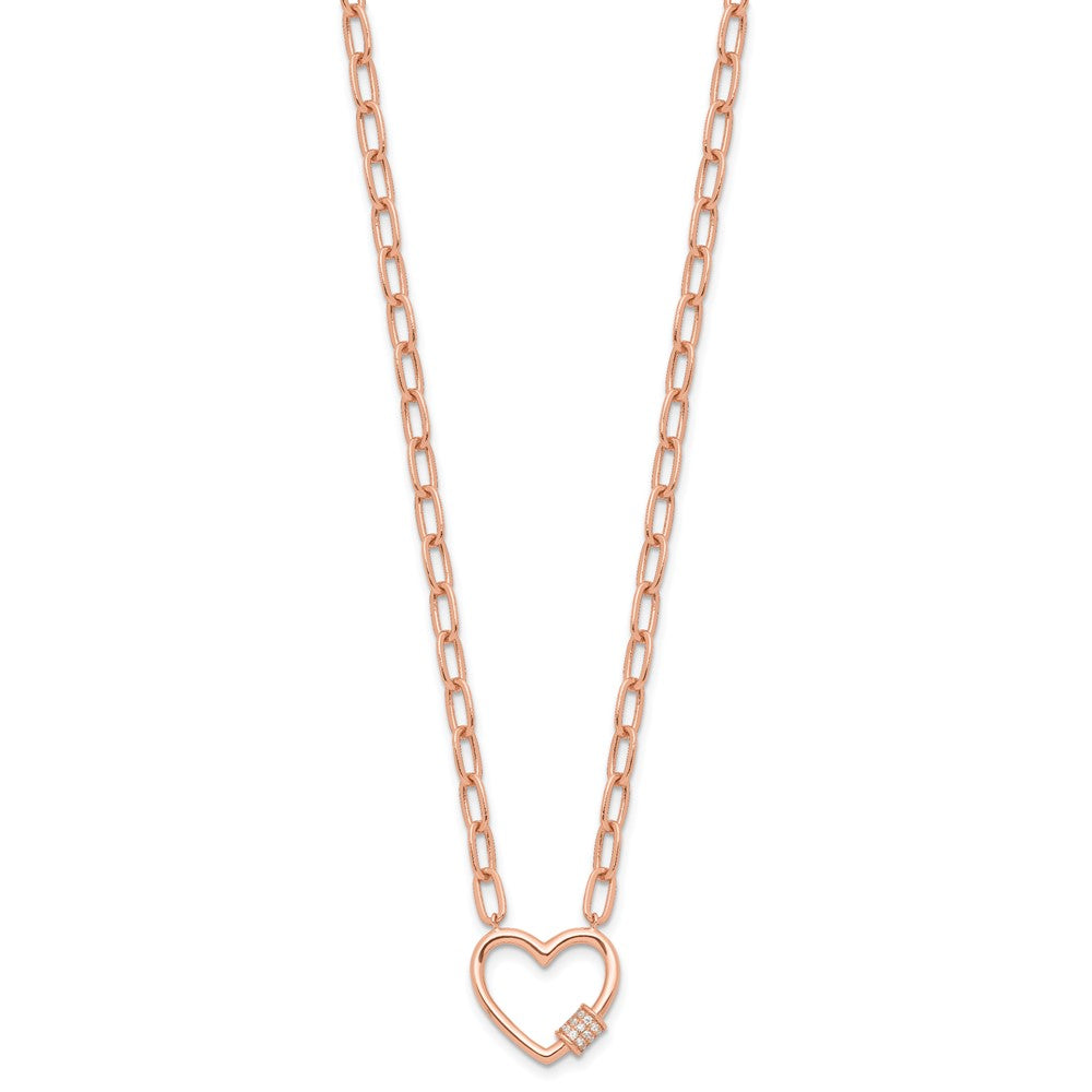 Sterling Silver Rose-tone CZ Heart Paper Clip with 2in ext. Necklace QG6551RP-15.5