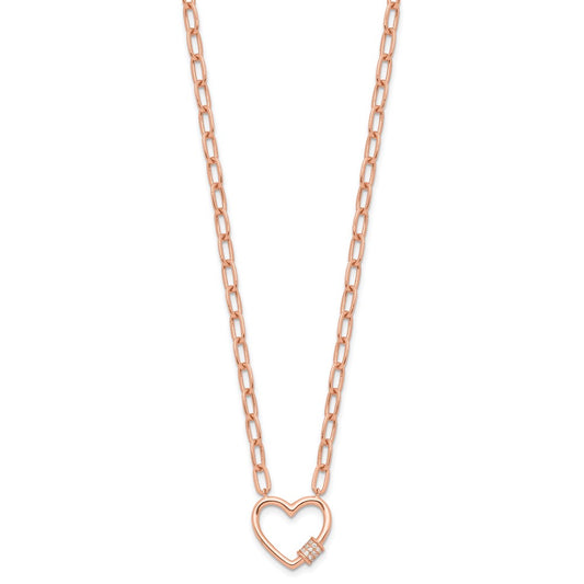 Sterling Silver Rose-tone CZ Heart Paper Clip with 2in ext. Necklace QG6551RP-15.5