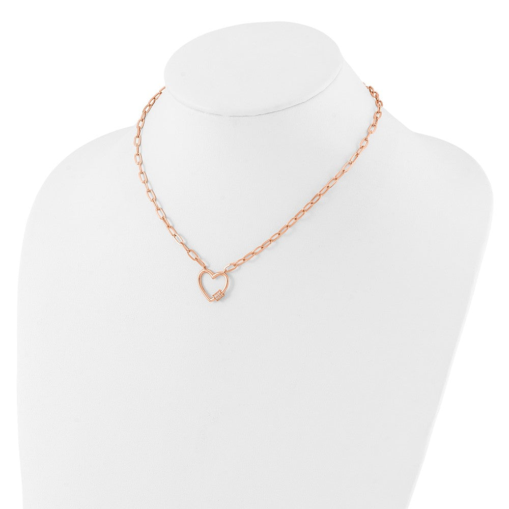 Sterling Silver Rose-tone CZ Heart Paper Clip with 2in ext. Necklace QG6551RP-15.5