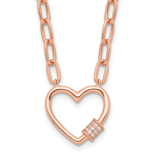 Sterling Silver Rose-tone CZ Heart Paper Clip with 2in ext. Necklace QG6551RP-15.5