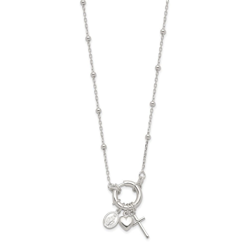 Sterling Silver Heart/Miraculous Medal/Cross Charm 18in Necklace QG6559-18