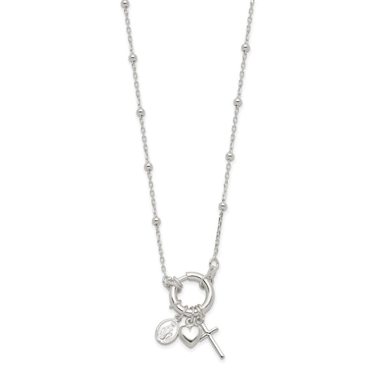Sterling Silver Heart/Miraculous Medal/Cross Charm 18in Necklace QG6559-18