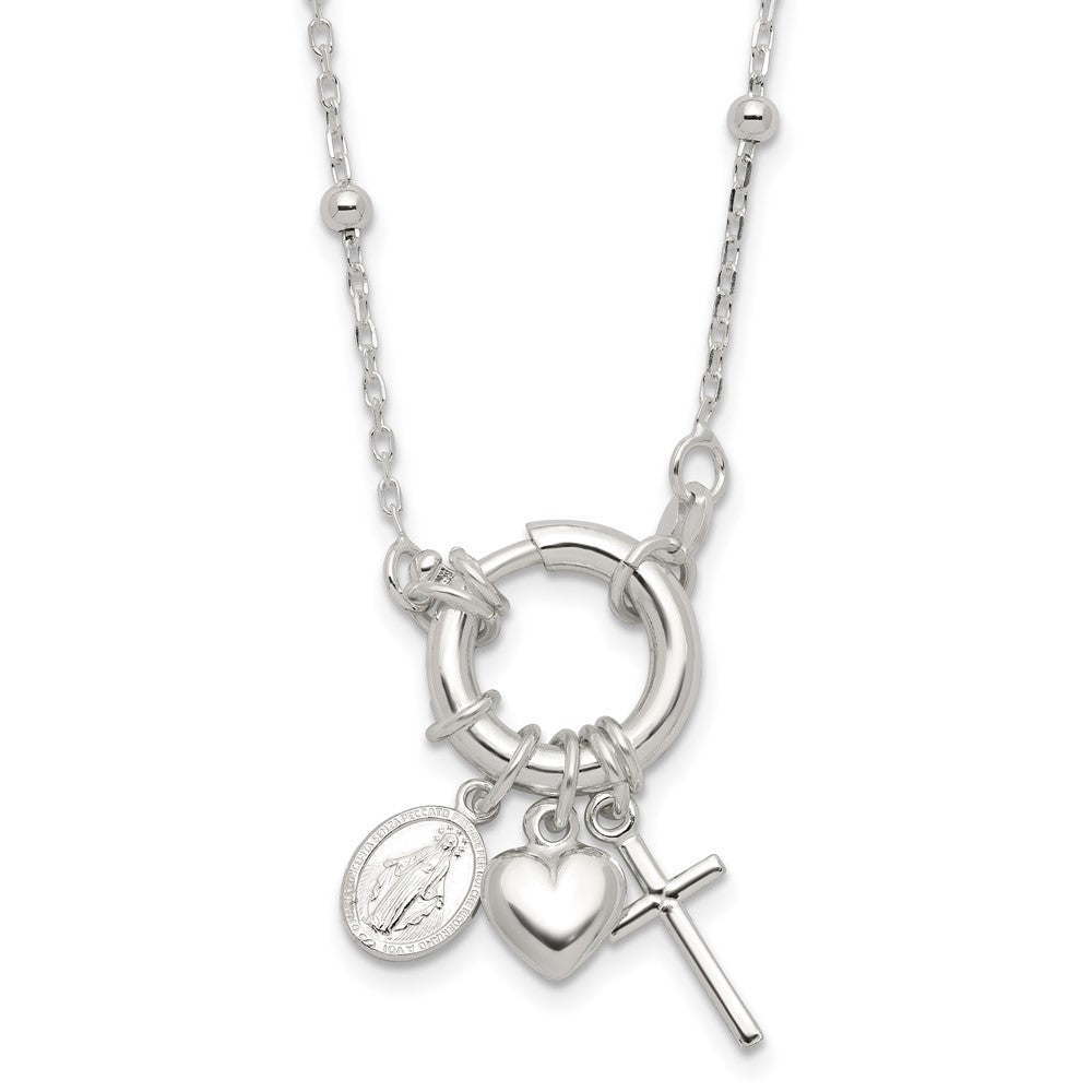 Sterling Silver Heart/Miraculous Medal/Cross Charm 18in Necklace QG6559-18