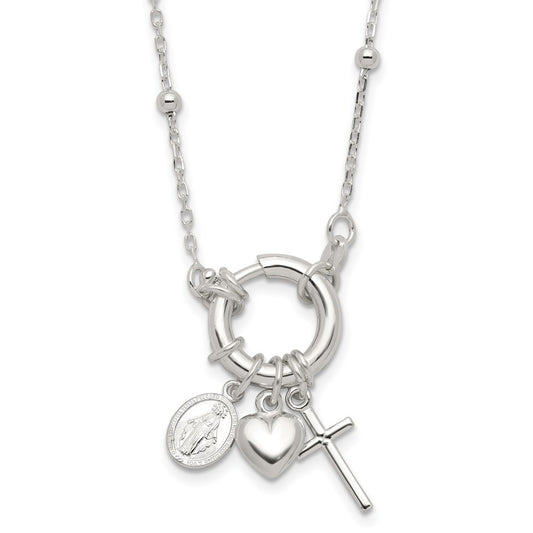 Sterling Silver Heart/Miraculous Medal/Cross Charm 18in Necklace QG6559-18