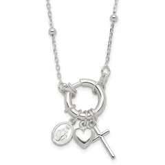 Sterling Silver Heart/Miraculous Medal/Cross Charm 18in Necklace QG6559-18