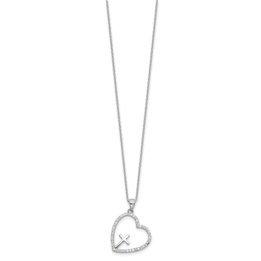 Sterling Silver Rhodium-plated CZ Open Heart with Cross 18in Necklace QG6564-18