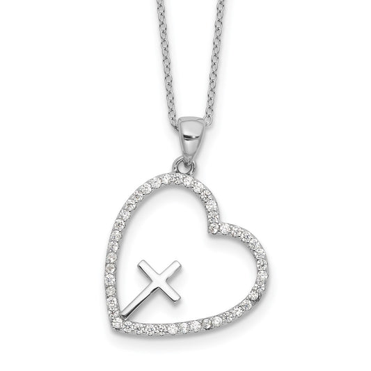 Sterling Silver Rhodium-plated CZ Open Heart with Cross 18in Necklace QG6564-18