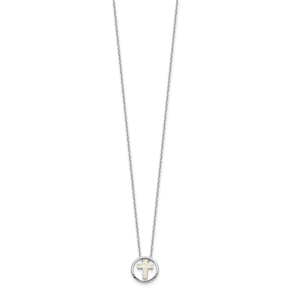 Sterling Silver RH-plated Created Opal Inlay Cross 16in w/2in ext Necklace QG6573-16