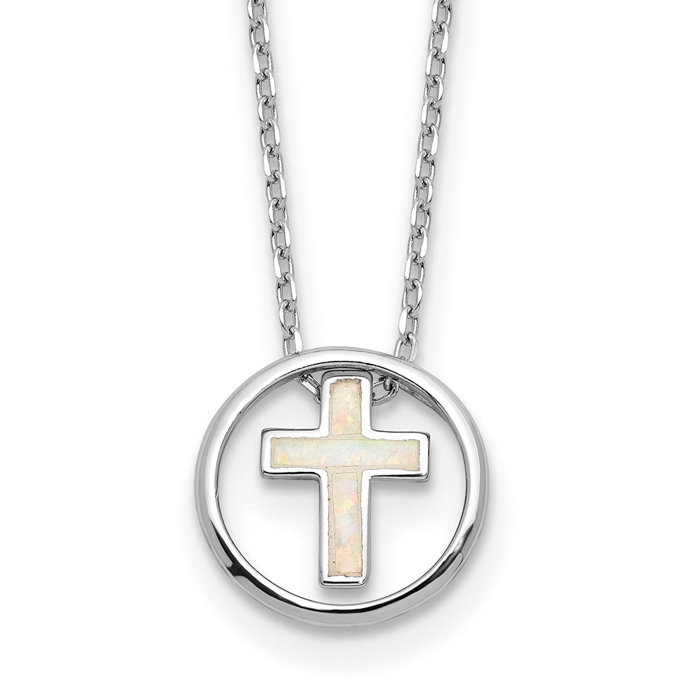 Sterling Silver RH-plated Created Opal Inlay Cross 16in w/2in ext Necklace QG6573-16