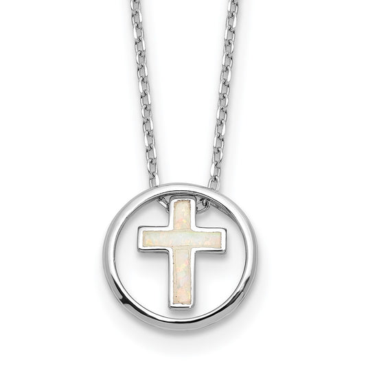 Sterling Silver RH-plated Created Opal Inlay Cross 16in w/2in ext Necklace QG6573-16