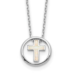 Sterling Silver RH-plated Created Opal Inlay Cross 16in w/2in ext Necklace QG6573-16