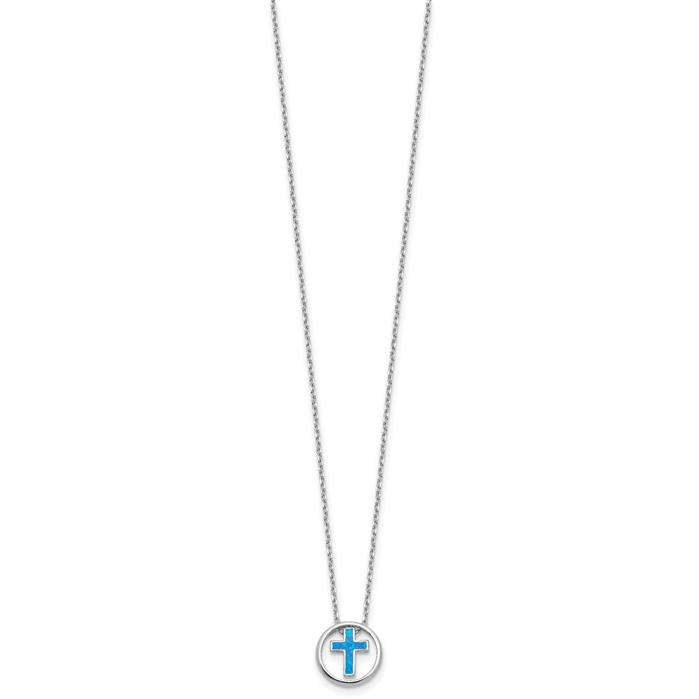Sterling Silver RH-plated Blue Cr. Opal Inlay Cross 16in w/2in ext Necklace QG6574-16