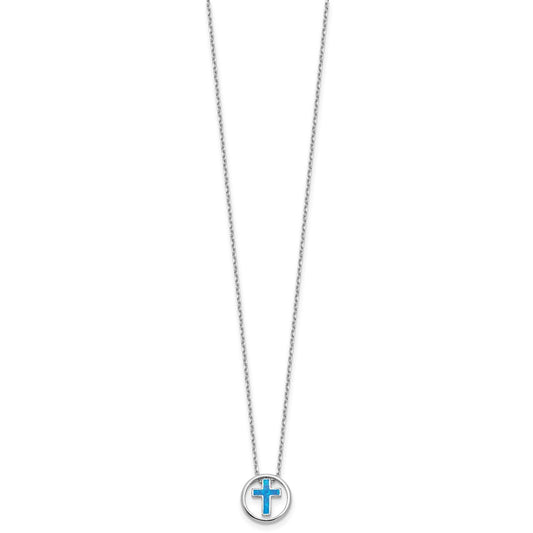 Sterling Silver RH-plated Blue Cr. Opal Inlay Cross 16in w/2in ext Necklace QG6574-16