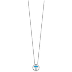 Sterling Silver RH-plated Blue Cr. Opal Inlay Cross 16in w/2in ext Necklace QG6574-16