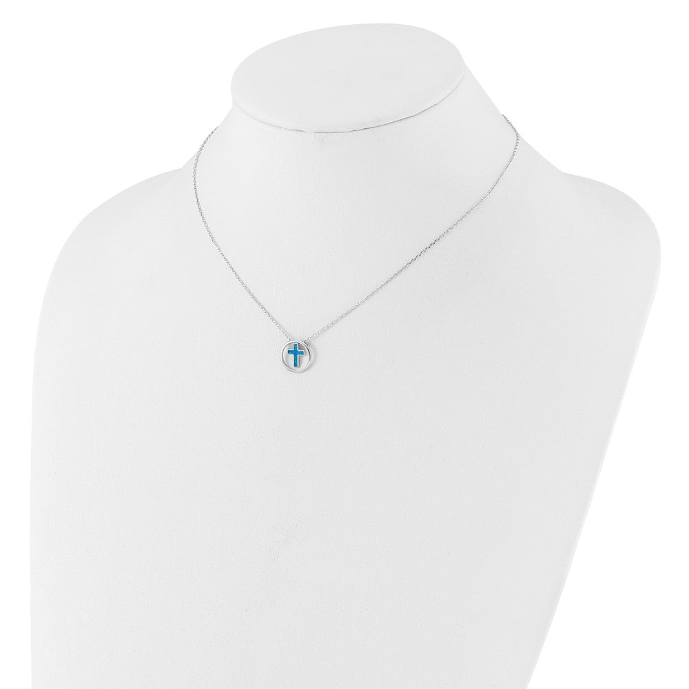 Sterling Silver RH-plated Blue Cr. Opal Inlay Cross 16in w/2in ext Necklace QG6574-16
