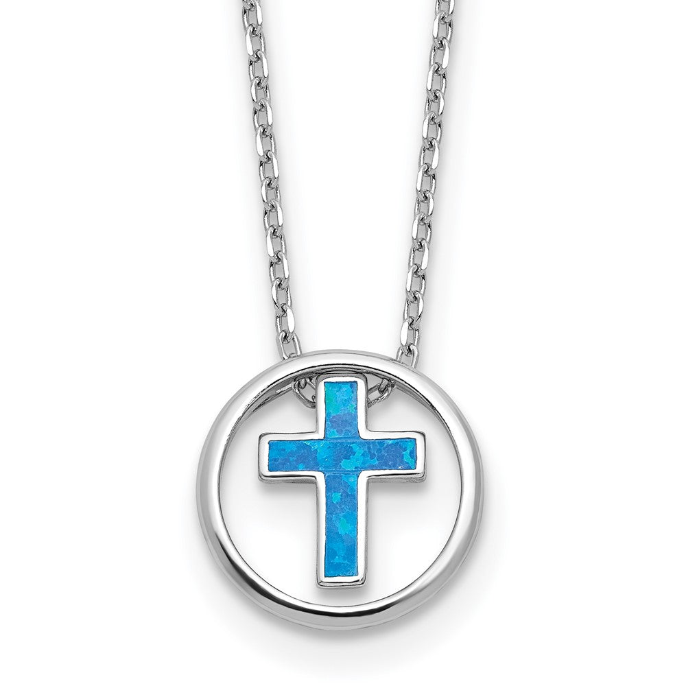 Sterling Silver RH-plated Blue Cr. Opal Inlay Cross 16in w/2in ext Necklace QG6574-16