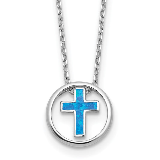 Sterling Silver RH-plated Blue Cr. Opal Inlay Cross 16in w/2in ext Necklace QG6574-16