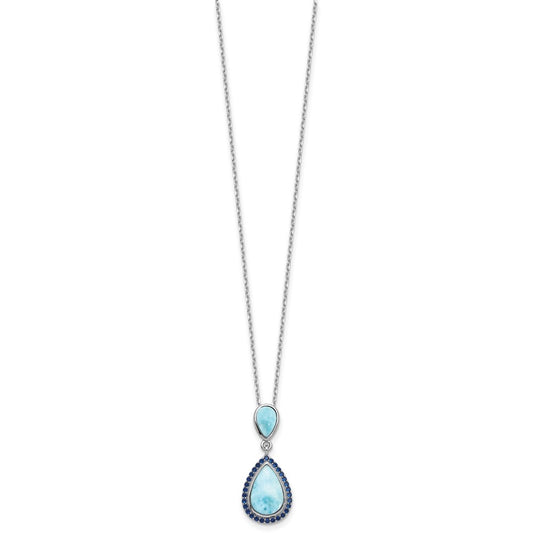 Sterling Silver RH-plated Blue CZ and Larimar 16in w/2in ext Necklace QG6696-16