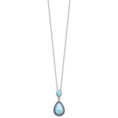 Sterling Silver RH-plated Blue CZ and Larimar 16in w/2in ext Necklace QG6696-16