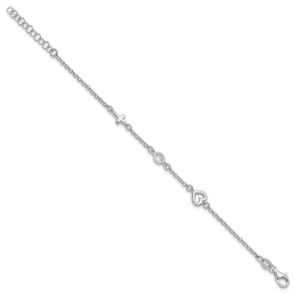 Sterling Silver RH-plated CZ Heart & Cross w/1in Ext. Children's Bracelet QG6733-5.5