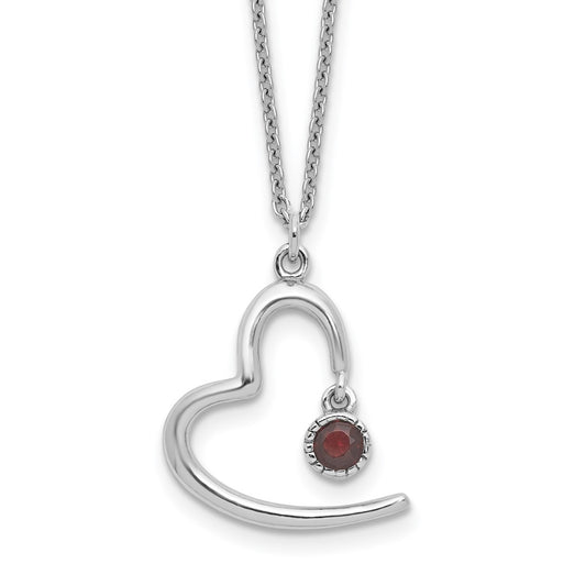 Sterling Silver Rhod-pltd Open Heart .06 Garnet 16in w/2in Ext Necklace QG6744GA-16