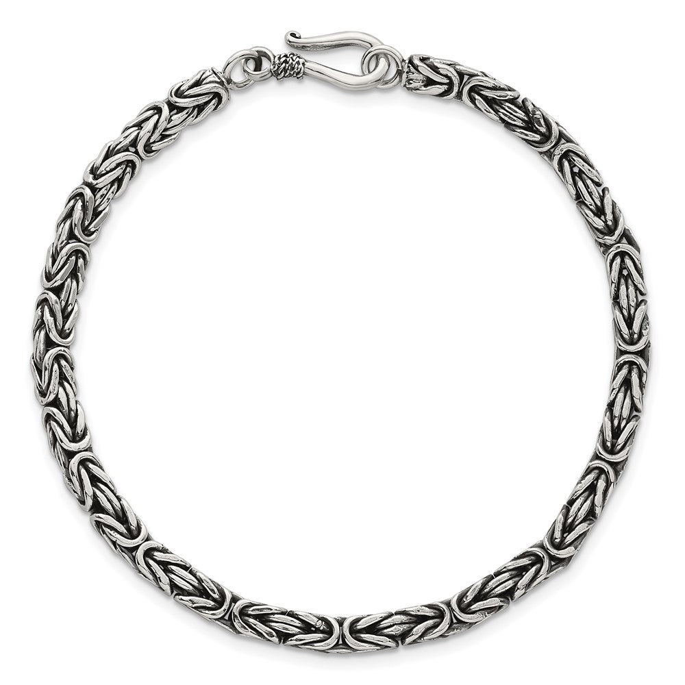 Sterling Silver Antiqued 4.0mm Byzantine 8 Inch Hook Clasp Mens Bracelet QG6782-8