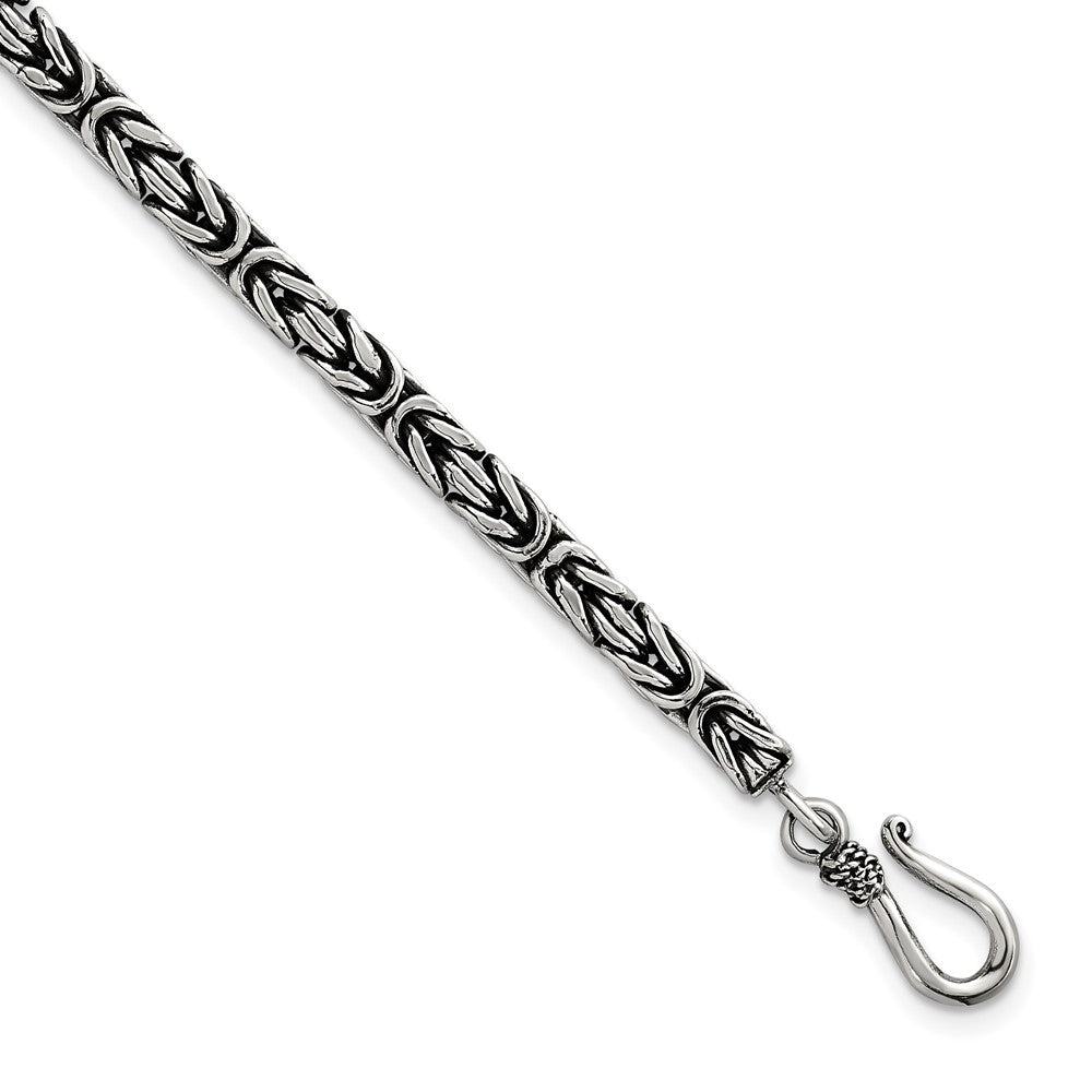 Sterling Silver Antiqued 4.0mm Byzantine 8 Inch Hook Clasp Mens Bracelet QG6782-8