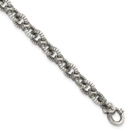 Sterling Silver Black Ruthenium-plated Brushed Fancy Textured Cable Link Mens 8.5 inch Bracelet QG6790-8.5