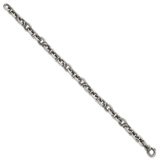 Sterling Silver Black Ruthenium-plated Brushed and Textured Fancy Link Mens 8.25 inch Bracelet QG6791-8.25