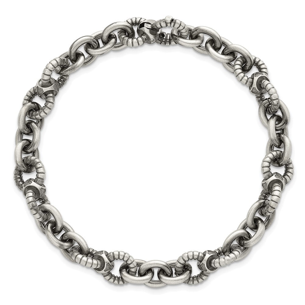 Sterling Silver Black Ruthenium-plated Brushed and Textured Fancy Link Mens 8.25 inch Bracelet QG6791-8.25