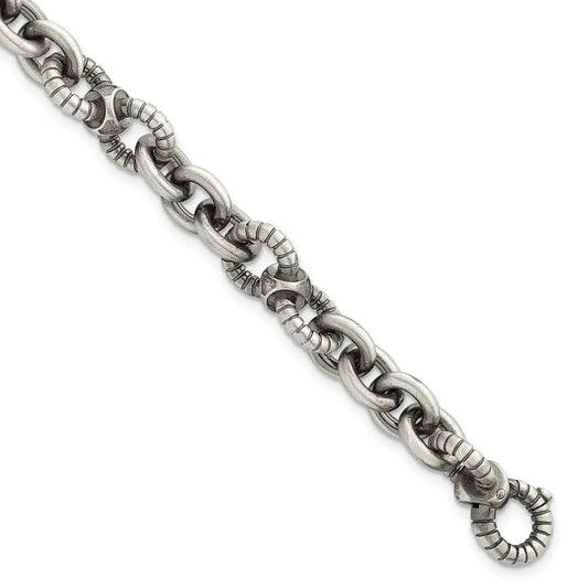 Sterling Silver Black Ruthenium-plated Brushed and Textured Fancy Link Mens 8.25 inch Bracelet QG6791-8.25