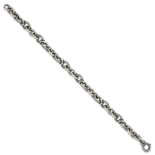 Sterling Silver Oxidized Polished and Textured Round Fancy Cable Link Mens 8.25 inch Bracelet QG6792-8.25