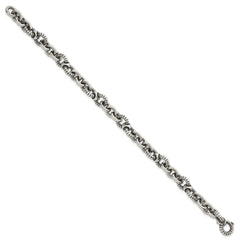 Sterling Silver Oxidized Polished and Textured Round Fancy Cable Link Mens 8.25 inch Bracelet QG6792-8.25