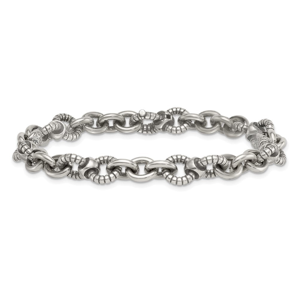 Sterling Silver Oxidized Polished and Textured Round Fancy Cable Link Mens 8.25 inch Bracelet QG6792-8.25