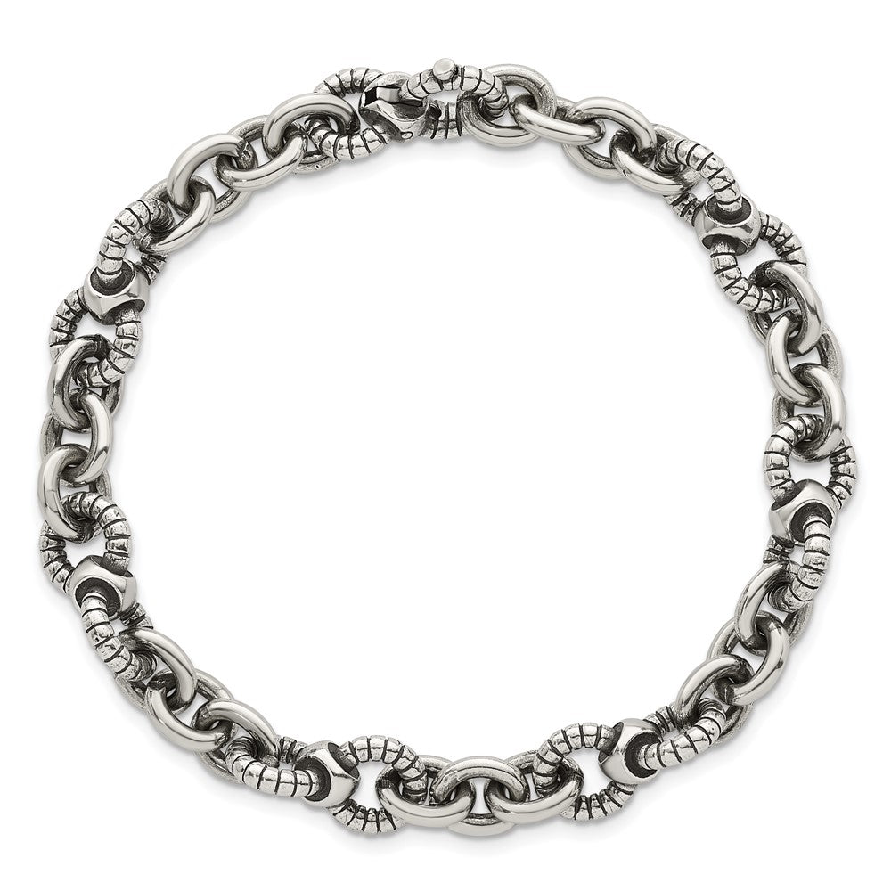 Sterling Silver Oxidized Polished and Textured Round Fancy Cable Link Mens 8.25 inch Bracelet QG6792-8.25