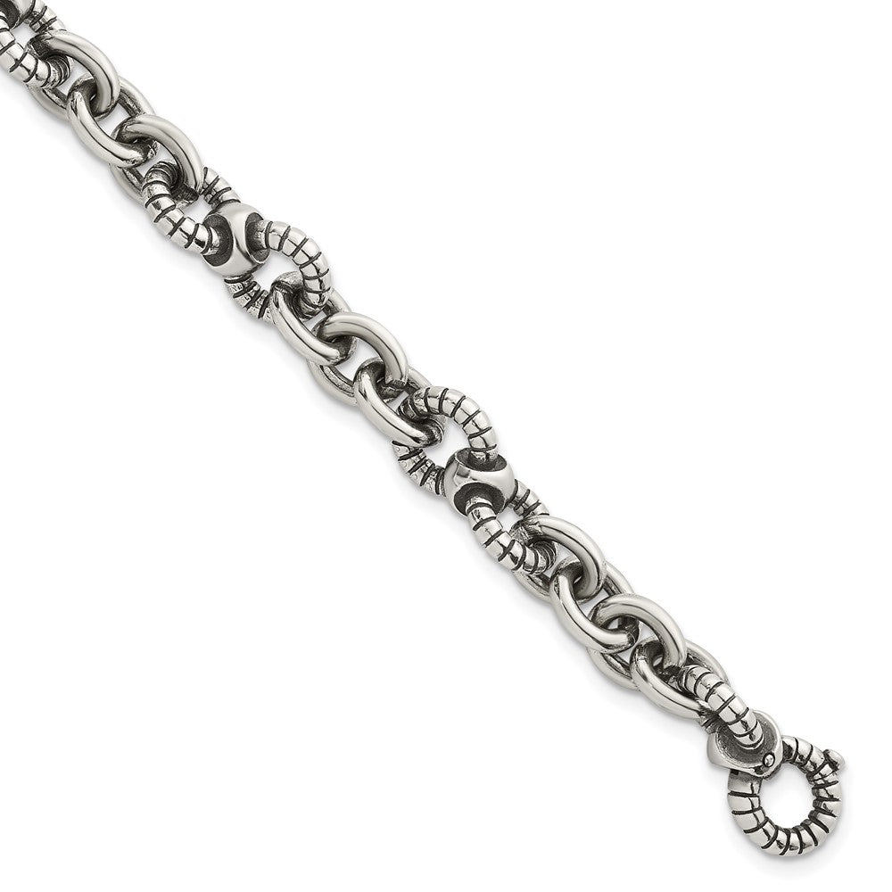 Sterling Silver Oxidized Polished and Textured Round Fancy Cable Link Mens 8.25 inch Bracelet QG6792-8.25