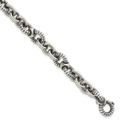 Sterling Silver Oxidized Polished and Textured Round Fancy Cable Link Mens 8.25 inch Bracelet QG6792-8.25