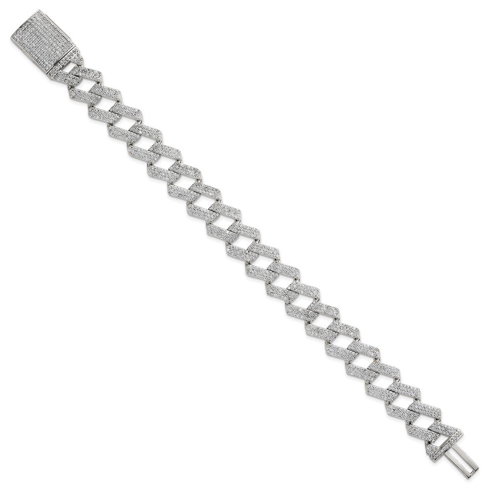 Sterling Silver Polished Fancy CZ Curb Link 8.5 Inch Mens Bracelet QG6797-8.5