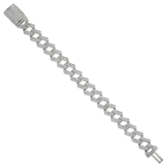 Sterling Silver Polished Fancy CZ Curb Link 8.5 Inch Mens Bracelet QG6797-8.5