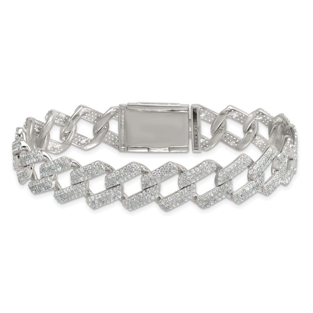 Sterling Silver Polished Fancy CZ Curb Link 8.5 Inch Mens Bracelet QG6797-8.5