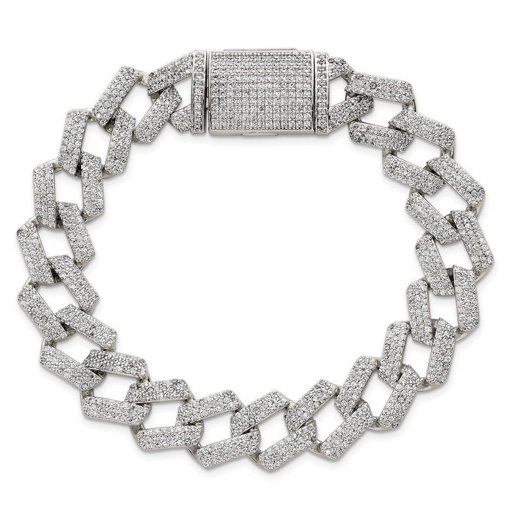 Sterling Silver Polished Fancy CZ Curb Link 8.5 Inch Mens Bracelet QG6797-8.5