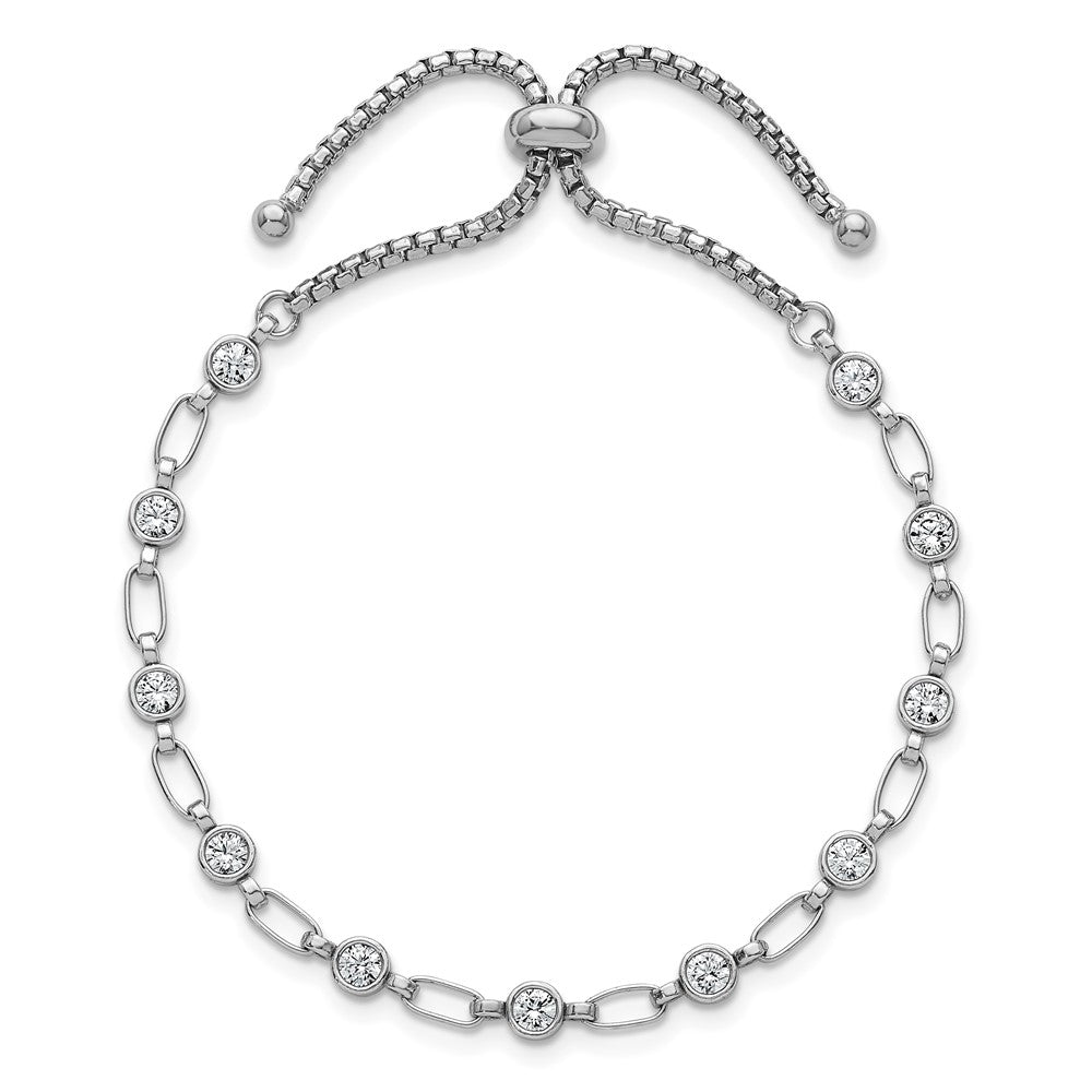 Sterling Silver Rhodium-plated Polished Round CZ and Rectangle Link Adjustable Bolo Bracelet QG6800