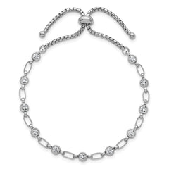 Sterling Silver Rhodium-plated Polished Round CZ and Rectangle Link Adjustable Bolo Bracelet QG6800