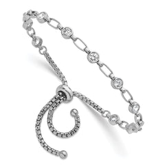 Sterling Silver Rhodium-plated Polished Round CZ and Rectangle Link Adjustable Bolo Bracelet QG6800