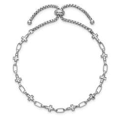 Sterling Silver Rhodium-plated Polished Cross and Rectangle Link Adjustable Bolo Bracelet QG6802