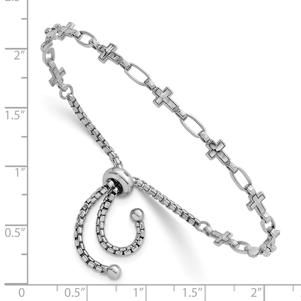 Sterling Silver Rhodium-plated Polished Cross and Rectangle Link Adjustable Bolo Bracelet QG6802