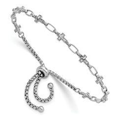 Sterling Silver Rhodium-plated Polished Cross and Rectangle Link Adjustable Bolo Bracelet QG6802