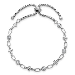 Sterling Silver Rhodium-plated Polished Round CZ and Cross Adjustable Bolo Bracelet QG6803